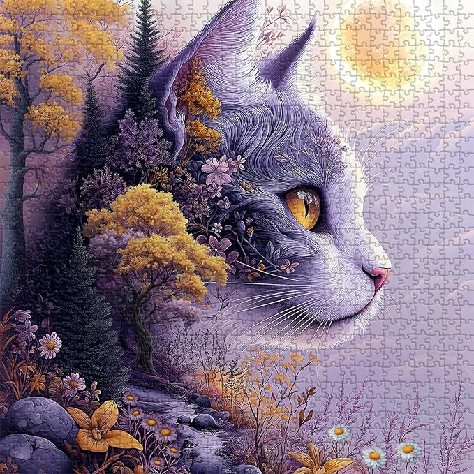 Fantasy Cat Puzzle for Adults 1000 Pieces,Moonlit Forest Cat Nature Puzzle,Dreamy Floral Kitten Landscape Puzzle,Impossible Purple Scenery Jigsaw Puzzle Challenge