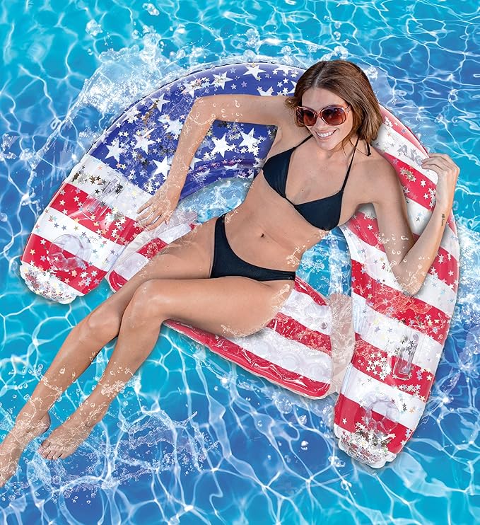 POZA Inflatable USA Pool Float - Luxurious Fun Lounger Filled with Sparkle Silver Stars Confetti, Cool USA Flag Design Water Swimming Pool Floaties for Beach, Lake & Pool