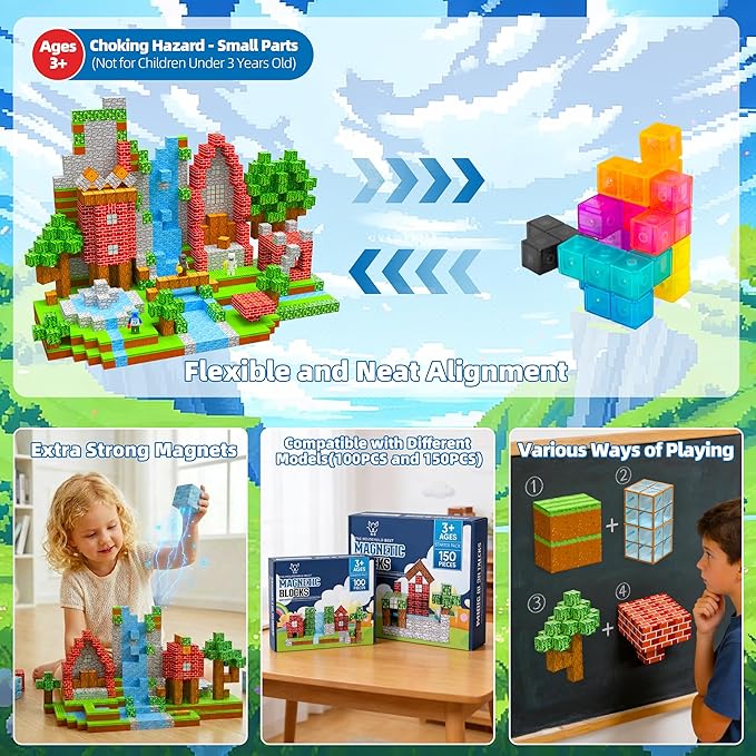 THB 100 PCS Magnetic Building Blocks for Kids – Magnetic Building Blocks for Kids Ages 4-8, STEM Educational Magnet Toys, Construction Set for Boys & Girls , Christmas & Birthday Gifts