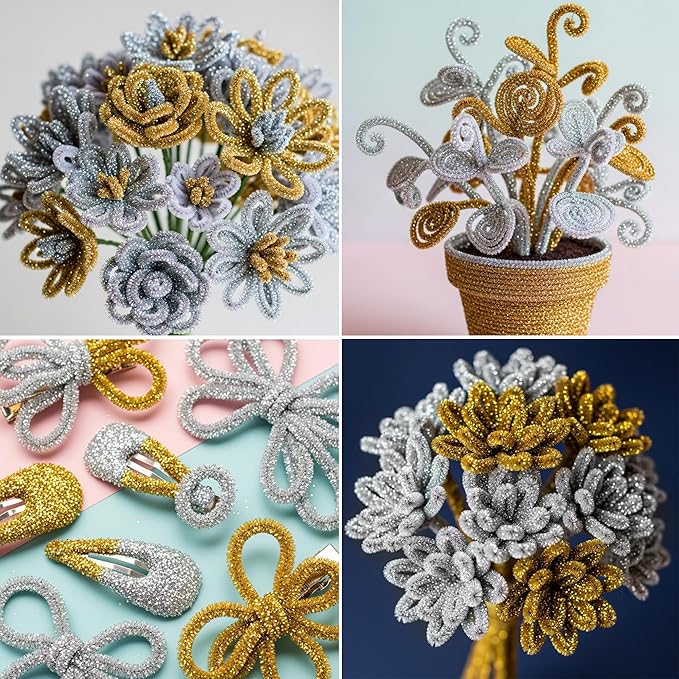 Caydo 200 Pieces Glitter Golden & Silver Pipe Cleaners, Thick Fluffy Chenille Stems, Pipe Cleaner Crafts for Arts & Crafts, Perfect for Making Animals, Flowers, and Easter Decorations
