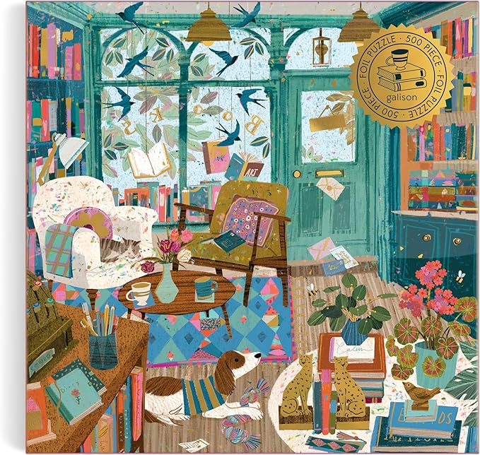 Galison Bookshop Afternoon – 500 Piece Foil Puzzle Fun and Challenging Activity with Bright and Bold Bookshop Themed Artwork for Adults and Families