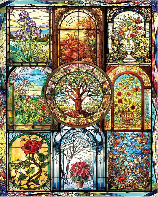 White Mountain 1000 Piece Jigsaw Puzzle Fun Collage Puzzles with Large Pieces Gift for Adults and Family 24"x30" - Four Season Stained Glass