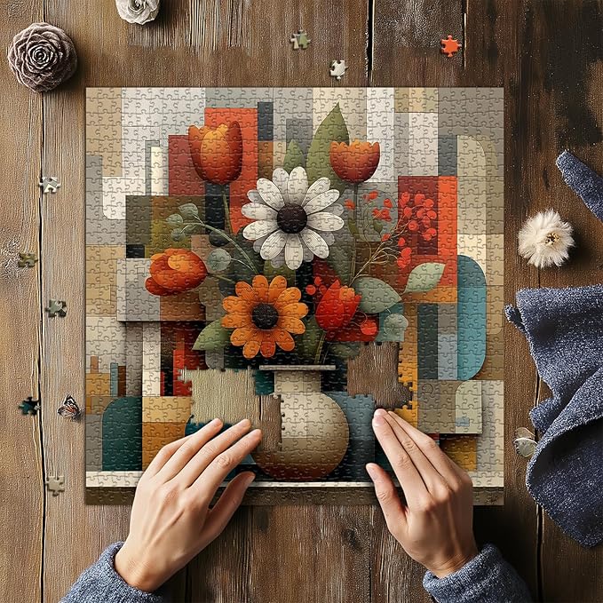 Flower Puzzles for Adults 1000 Pieces, Unique Floral Plant Jigsaw Puzzles Vase, Flower Bloom Puzzles with Geometric Background, Beautiful Floral Home Decor