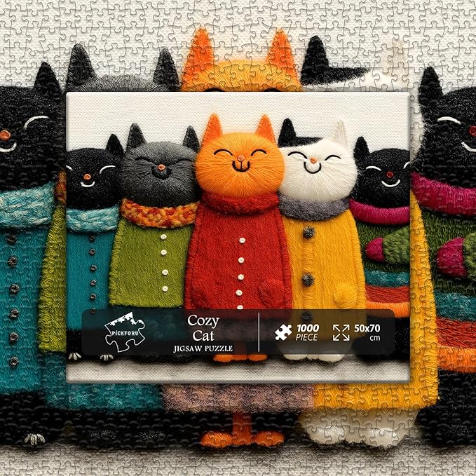 Cat Puzzle for Adults,Cozy Cat Art Jigsaw Puzzle 1000 Pieces, Cute Colorful Kitten Puzzles Embroidery Style, Funny Whimsical Cat Puzzle Kitty Challenge