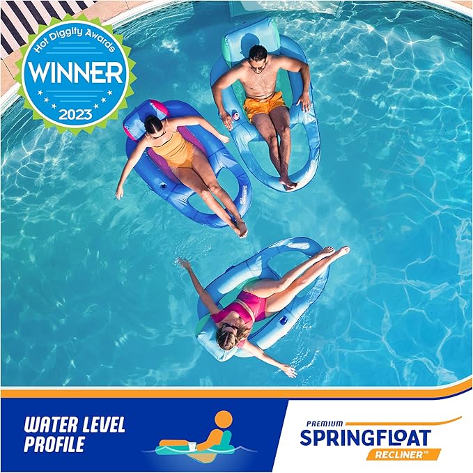 SwimWays Spring Float Premium Recliner Pool Lounger, Inflatable Pool Floats Adult with Fast Inflation for Ages 15 & Up, Sky Blue