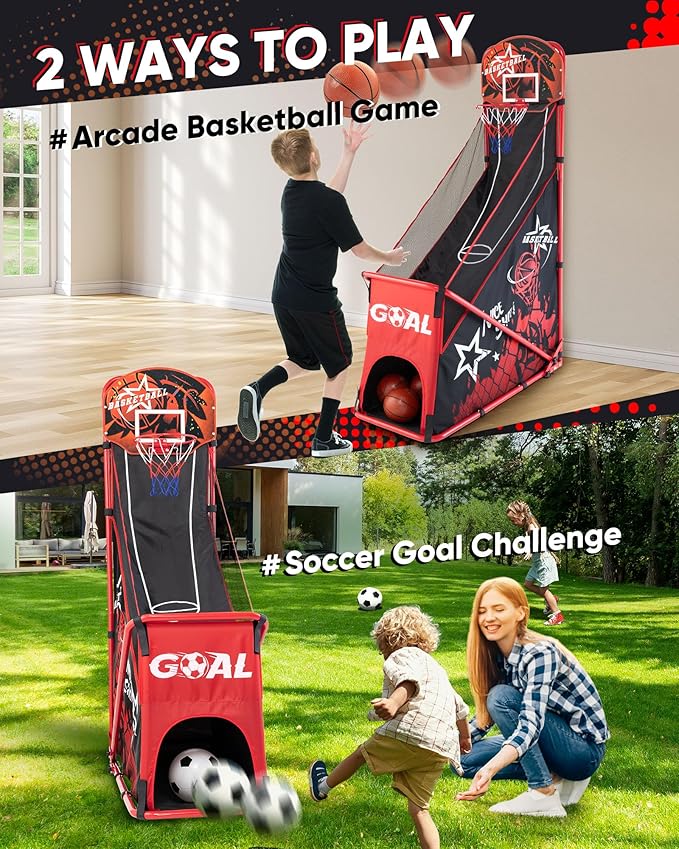 Basketball Arcade Game for Kids: Foldable Basketball Hoop Set with Soccer Goal- Portable Indoor Outdoor Sports Play Toy- Gift for Ages 3-12 Boys Girls- Air Pump and 3 Balls Included