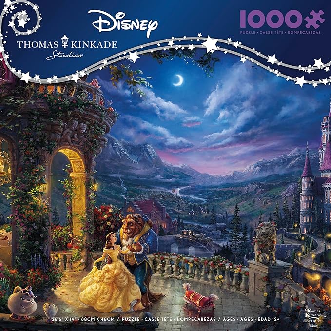 Ceaco - Thomas Kinkade Disney Beauty & The Beast Dancing in The Moonlight 1000 Piece Jigsaw Puzzle, Made in USA, Premium Recycled Board, Full-Color Poster