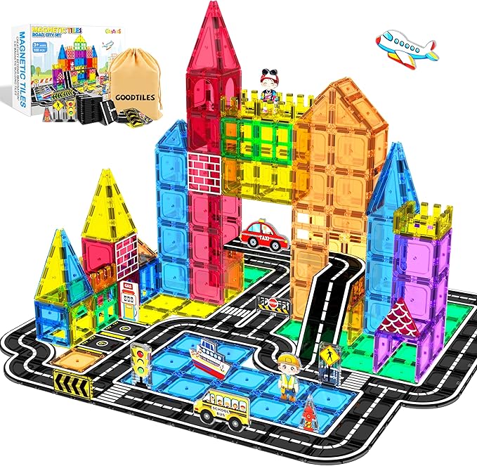 Magnetic Tiles Road Set 100Pcs- Magnetic Building Blocks for Kids Ages 3-5 and 4-8, Preschool STEM Sensory Toys for Toddlers 3-5, Educational Construction Gift for Boys & Girls Birthday Christmas