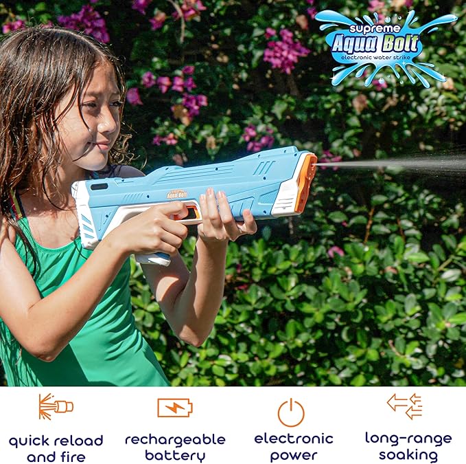 Supreme Sports Aqua Bolt | Electric Water Blaster with Rechargeable Battery; Long Range 20ft Precision Soaking; Fast Fill | Automatic Refill; Lightweight Design for Kids; Adults; Pool; Squirt Soaker