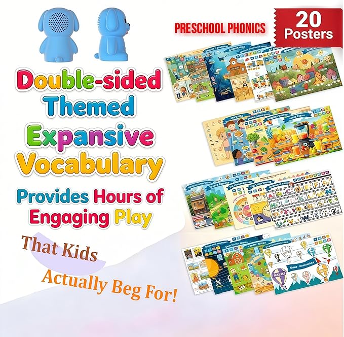 Interactive Talking Dog Pen with Posters | Upgraded Talking Flash Cards - Phonics Learn to Read Toys for 3-6 Year Olds - Preschool Educational Aids for Boys & Girls (Phonic-Poster)