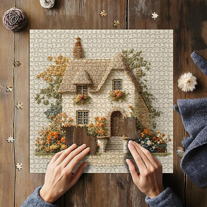 Embroidered Cottage Puzzle for Adults 1000 Pieces, Flower Garden Countryside Puzzle Cottage, Cozy Vintage Cottagecore Floral Art Jigsaw Puzzle, Retro Home Wall Decor
