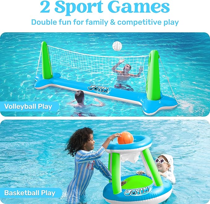 JOYIN Inflatable Volleyball Net & Basketball Hoops Pool Float Set; Balls Included for Kids and Adults, Summer Pool Game, Floaties, Volleyball Court (105”x28”x38”) Basketball (27.6”x23”),Green,Blue