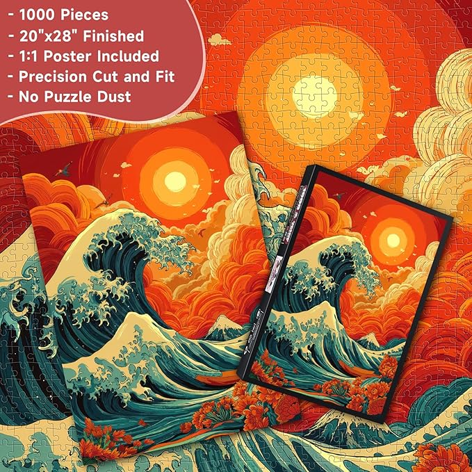 Japanese Great Wave 1000 Piece Puzzle for Adults - Ukiyo-e Style Wave & Red Sun Mountain Art, Poster & Lettered Back, 20"x28" HD, Gift for Japanese Art & Nature Lovers