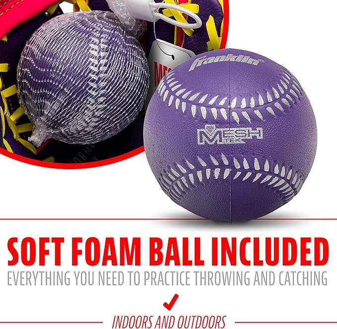 Franklin Sports Kids Baseball Glove + Foam Ball Sets - Meshtek Youth Teeball Gloves for Kids + Toddlers - Left + Right Hand Throw - 9.5" Inch