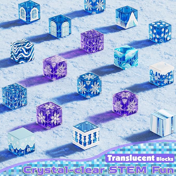 Magnetic Blocks, 45pcs Travel Toys Building Set with Magnetic Tin Box, Transparent & Light Up Magnet Cubes for Blue Snow Castle Build, Princess Toy Birthday Gift for Kid Girl 3+ Easter Basket Stuffers