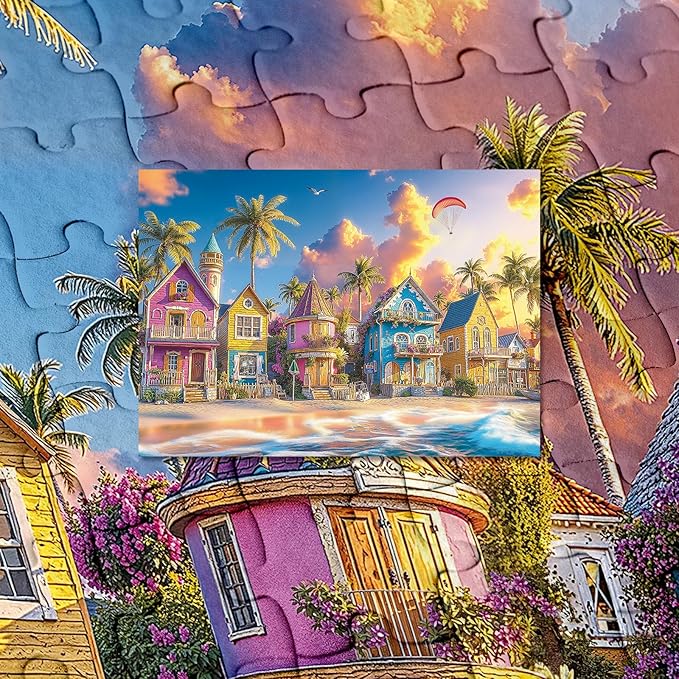 Beach Ocean Summer Puzzle 1000 Pieces for Adults, Colorful House Sunset Hawaii Jigsaw Puzzles, Cottage Seaside Romantic Art Puzzles
