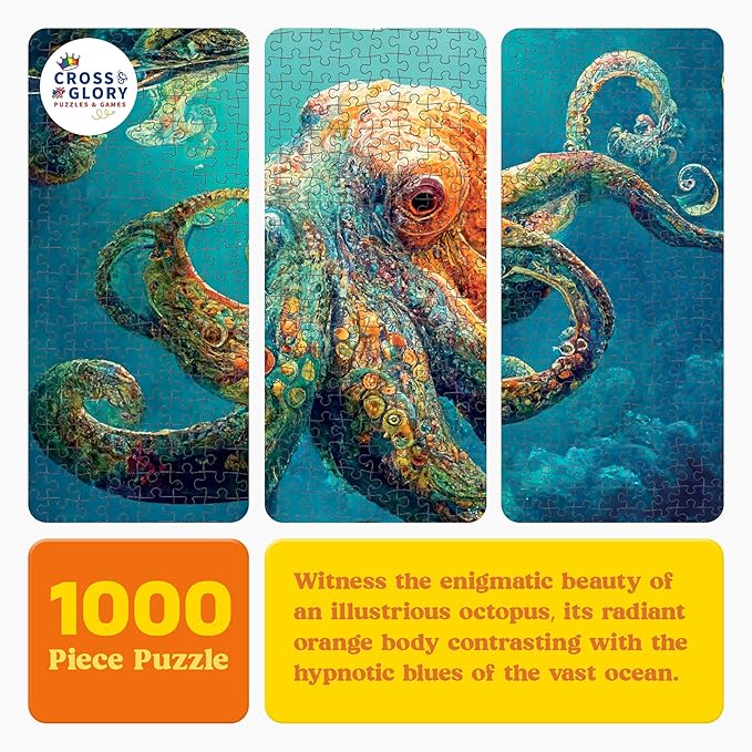 Cross & Glory - Deep Blue Octopus Odyssey - Jigsaw Puzzles 1000 Pieces for Adults | Ocean Octopus Puzzles for Adults | Challenging Brain Teaser Ocean Puzzle | 20 x 27 Inches