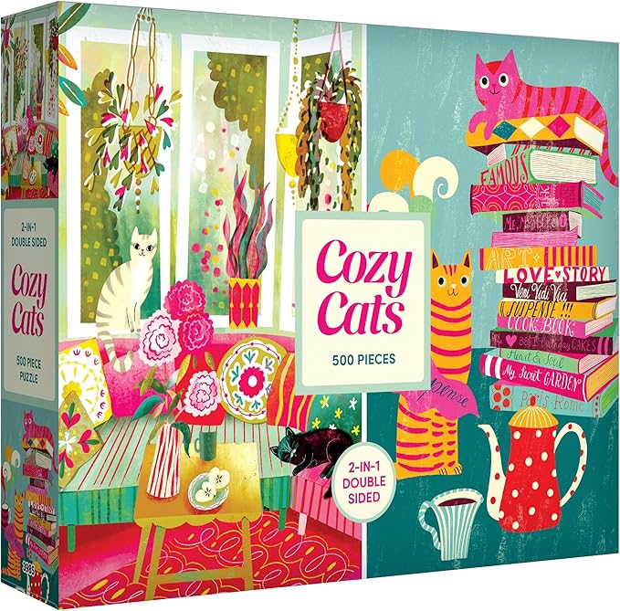 RoseArt - Cozy Cats 500 Piece Double-Sided Jigsaw Puzzle – Matte & Glossy Sides – Cat Puzzle for Adults - 2-in-1 Puzzle with Bonus Poster