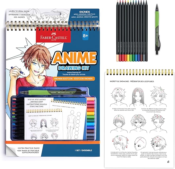 Faber-Castell Anime Drawing Kit: Shonen Edition | Step-by-Step Instruction Book with 20 Practice Pages, Color Pencil Set & Drawing Supplies for Kids, Easter Basket Stuffer (1 Book)