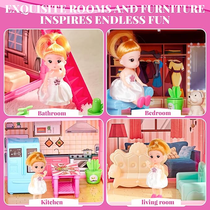 OCTERIC Doll House for Girls,13 Rooms Dollhouse with 2Dolls Figure, Lights, Puppies,Furnitures, Accessories, Toddler Playhouse Gift for for 3 4 5 6 7 8 9 10 Year Old Girls Toys (Pink)
