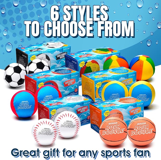 Activ Life Ultimate 2 Pack Larger 3” Water Skip Balls - Bouncing Balls for Swimming Pool & Beach Fun - Designs Include Baseball, Basketball, Volleyball, and Tennis for Kids, Friends, and Family