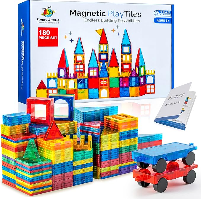 Magnetic Tiles 180 PCS XL Set with Storage Bag – Magnetic Building Tiles for Kids Ages 3-8, STEM Magnet Construction Toy for Boys & Girls