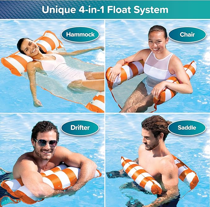 Aqua Original 4-in-1 Monterey Hammock Pool Float & Water Hammock – Multi-Purpose, Inflatable Pool Floats for Adults – Patented Thick, Non-Stick PVC Material – Orange/White Stripe
