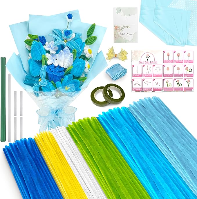 LINAYE 500 PCS Pipe Cleaners Craft, 6 Colors Pipe Cleaners Flowers Kit, Chenille Stems for Crafts with Instruction Wrapping Paper, Flower Stamens, Stems Art and Craft Supplies Blue