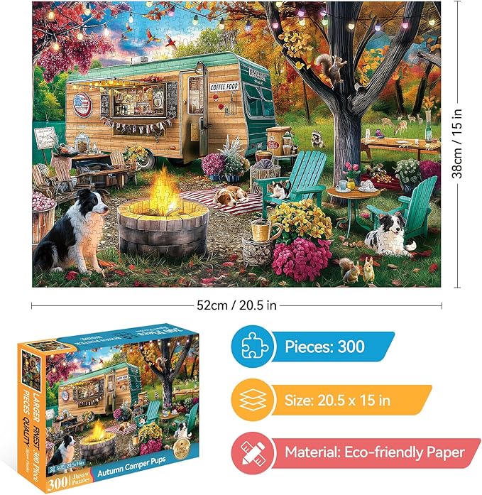 300 Piece Puzzles for Adults, 300 Piece Puzzles for Adults Large Piece, Autumn Camping Campfire Dogs Truck Jigsaw Puzzle, Challenging Puzzle Perfect for Game Nights, 20.5 X 15 in