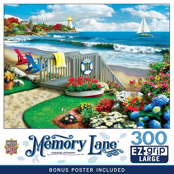 MasterPieces 300 Piece EZ Grip Jigsaw Puzzle – Coastal Getaway Beach Scene – Large Piece Puzzles for Seniors, Adults, and Family – Eco-Friendly, Non-Glare Finish, Relaxing 18" x 24" Puzzle