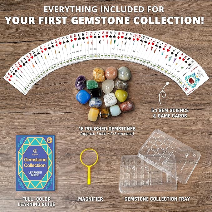 PIBEX Gemstone Collection - 16 PCS Polished Gems & Crystals (1-Inch / 2-3 cm), STEM Geology Kit with Guidebook, 54 ID Cards & Transparent Display Case, Rock Science Gift for Kids Ages 6+