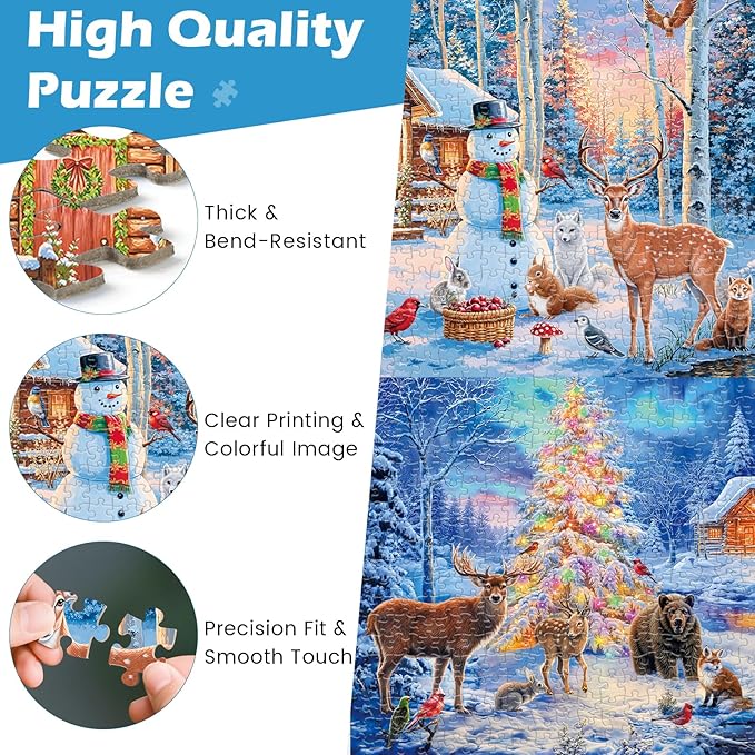 Sutinban 2 Pack Christmas 500 Piece Puzzles for Adults, Snowy Aurora Winter Jigsaw Puzzle for Adults Seniors, Happy New Year Gift Snowman Deer Challenging Colorful Puzzles Family Game Gift Decor