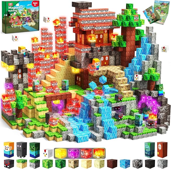 400PCS Magnetic Blocks with Light-Up Blocks - Magnetic Building Blocks Playset, Magnetic Stacking Cube Toys, STEM Sensory Montessori Learning Toys, Easter Birthday Gifts for Kids Boys and Girls Age 3+