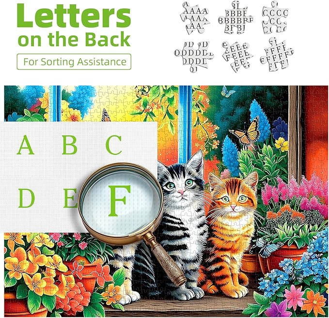 MINIWAN 500 Piece Puzzles for Adults - Cute Kitten Floral Window Jigsaw Puzzle, 23x15 Inches with Unique Irregular Shaped Pieces for Relaxation & Home Wall Decor