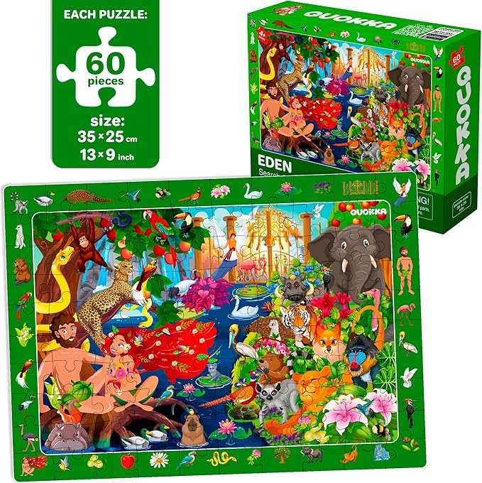 QUOKKA 60 Piece Kids Puzzles Ages 5-8 - Set of 4 Bible Jigsaw Puzzles for Kids 4-6-10 Year Old - Tower of Babel - Noah`s Ark - Eden Toys for Children 5-7 yo - Christian Gifts for Boys & Girls