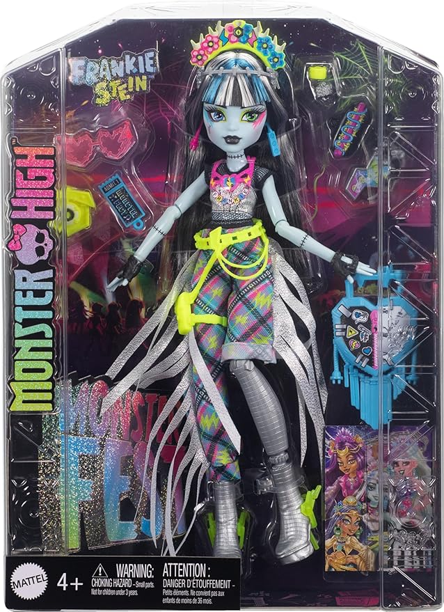 Monster High Monster Fest Doll, Frankie Stein with Glam Outfit & Festival Themed Accessories Like Snacks, Band Poster, Statement Bag & More