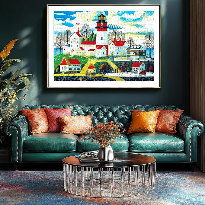 New England Coastal Village Lighthouse Jigsaw Puzzle, 1000 Pieces, Scenic Seaside Art with Horse Carriages, Traditional Folk Art Style