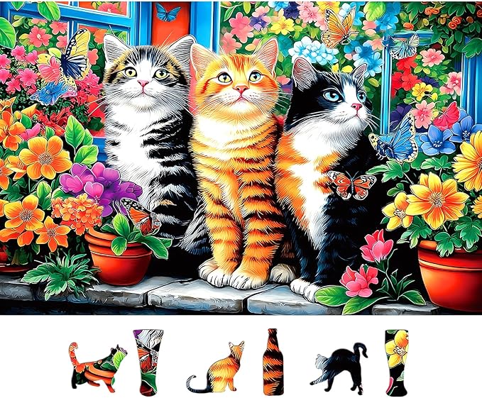 Blueforest Puzzles for Adults 500 Pieces - Cats in Garden with Vibrant Flowers & Butterflies Jigsaw Puzzle, 23x15 Inches Intermediate Challenge