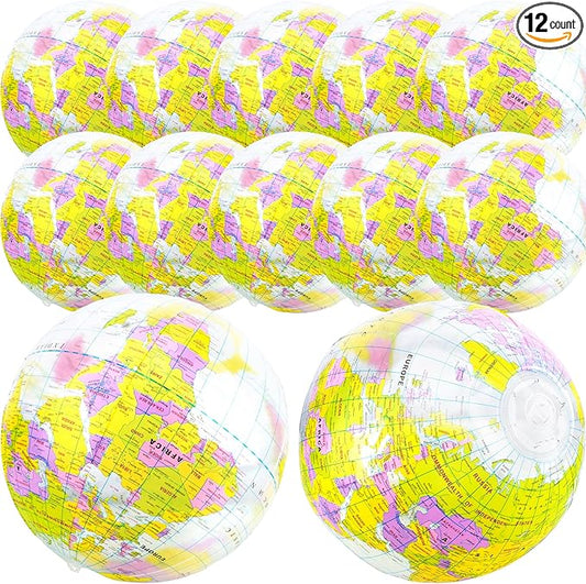 16 inches Inflatable Globe Blow up World Globe PVC Earth Beach Ball Globe Toys for Kids Swimming Pool Game Classroom Playing or Teaching Party Favors Decorations
