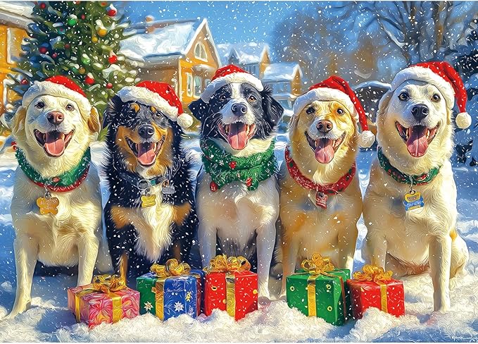 Christmas Dog Gathering 1000 Piece Puzzle for Adults, Fun Puzzles for Adults 1000 Pieces with HD Print & Poster, 27.5 * 19.7 in Dust Free, for Gifts Halloween Christmas Family Games Lovers