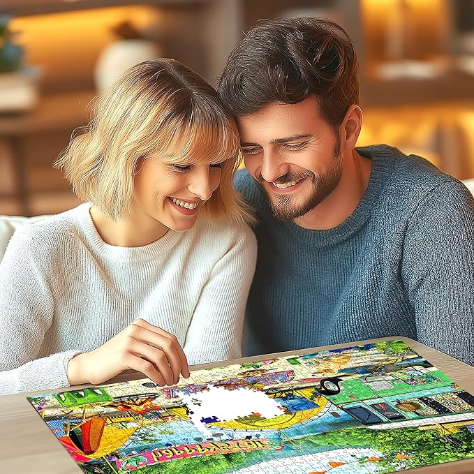 500 Pieces Jigsaw Puzzle for Adults, Vibrant Camping Scene with Retro Camper & Cute Pets, Thick Durable Cardboard, Ideal for Camping Enthusiasts & Puzzle Lovers