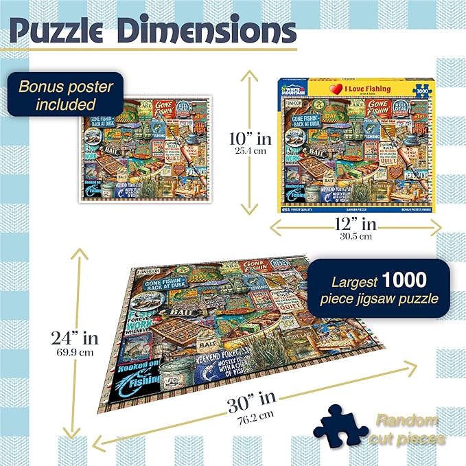 White Mountain 1000 Piece Jigsaw Puzzle Vintage Fish Signs Collage Puzzles with Large Pieces Gift for Adults and Family 24"x30" - I Love Fishing