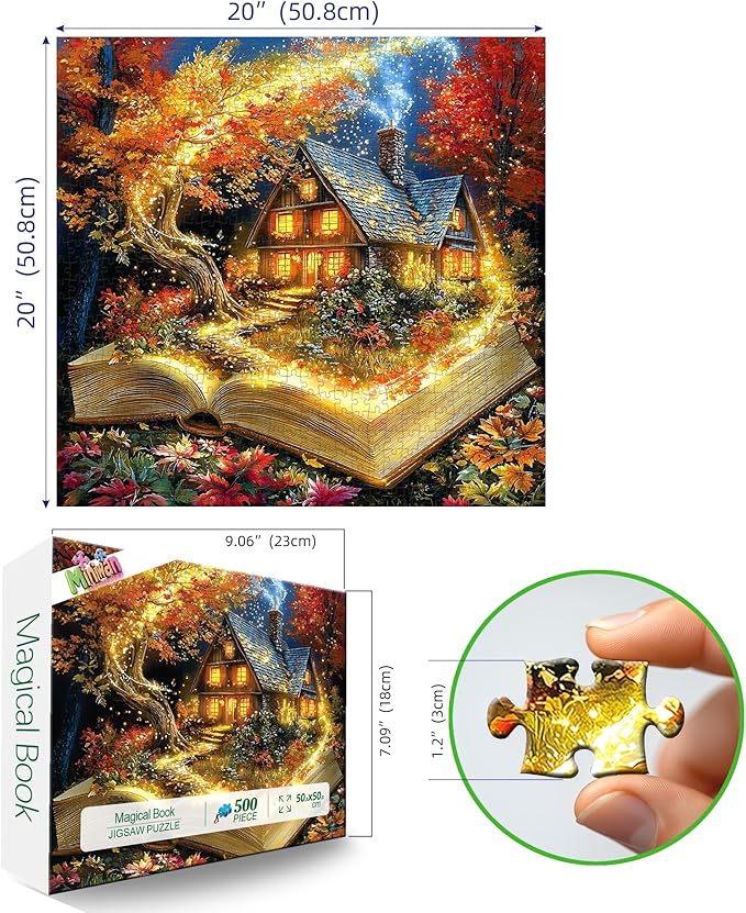 MINIWAN Magical Open Book Autumn Cottage 500 Piece Jigsaw Puzzle for Adults, Fantasy Fall Cabin Glowing Tree Jigsaw Puzzle, Large Piece Puzzle for Seniors Gift for Book & Autumn Lovers 20x20 Inches