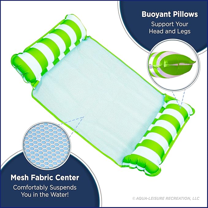 Aqua 4-in-1 Monterey Hammock Pool Float & Water Hammock, Multi-Purpose, Inflatable Pool Floats for Adults, Patented Thick, Non-Stick PVC Material, Lime Green/White Stripe
