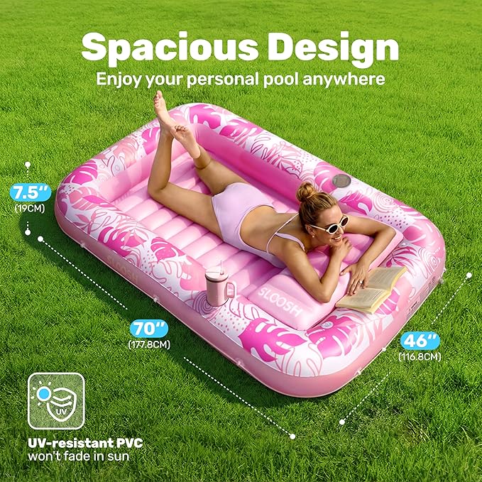 SLOOSH Inflatable Tanning Pool Lounger Float, 70" x 46" Pool Floats Adult with Pillow, 4 in 1 Suntan Tub Raft Floatie,Sunbathing Bed Lounge for Water Blow Up Kids Ball Pit Party Gifts, L-Hot Pink