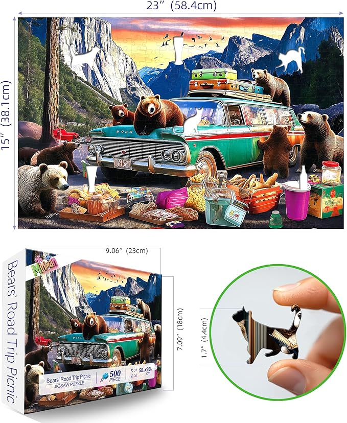 Bears’ Car Picnic 500 Piece Puzzle for Adults, Fun Puzzles for Adults 500 Pieces with HD Print & Poster, 23" X 15" Dust Free, for Gifts Halloween Christmas Family Games Lovers