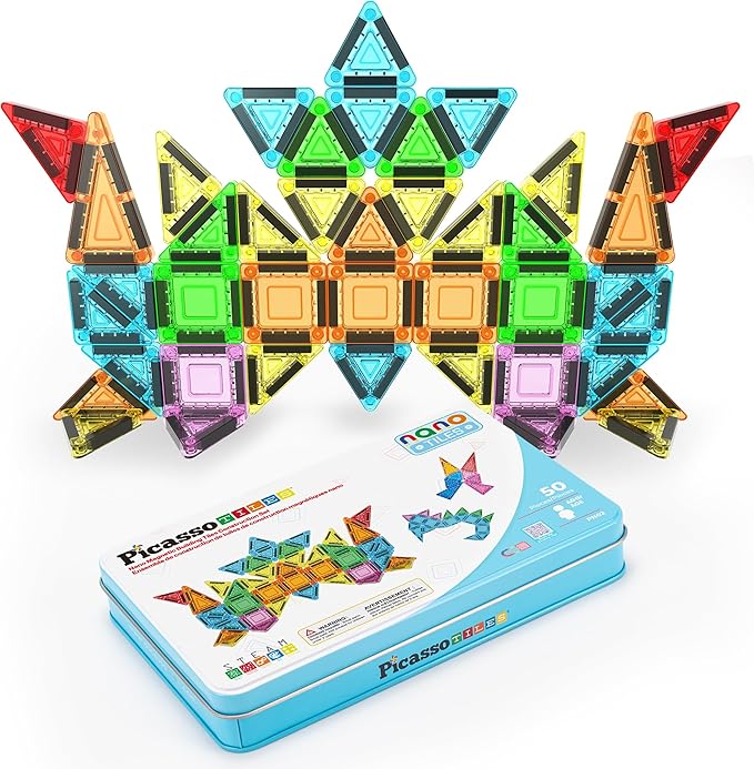 PicassoTiles 50PC Nano Magnetic Tile Travel Toy Construction Building Blocks Playset with Storage Case STEM Montessori Classroom Learning Magnet Tiles Stacking Toys for Toddlers Girls Boys Age 3+ PN02