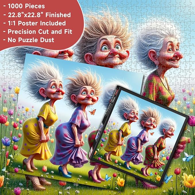 Funny Grandma Squad in Tulip Field 1000 Piece Jigsaw Puzzle for Adults - Whimsical Spring Scene with 1:1 Poster & Lettered Back, Precision-Cut HD Quality, Unique Gift for Grandma & Nature Lovers