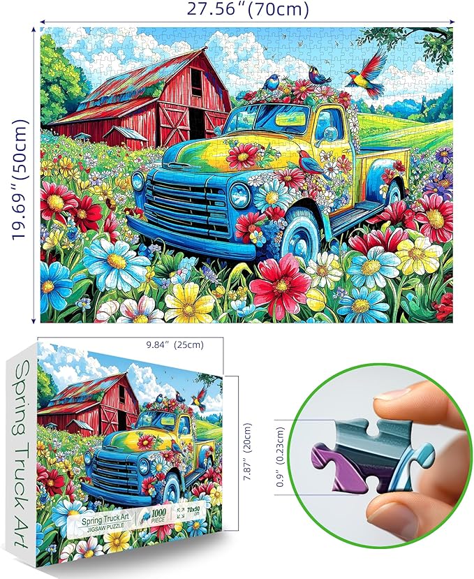 Spring Village Truck 1000 Piece Puzzles for Adults, Clearance Challenge Art Jigsaw Puzzle, for Gift Birthday Party Games Family, 27.5 * 19.7 Inch Dust Free Puzzle