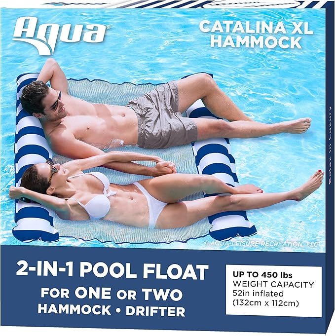 Aqua 2-in-1 Catalina XL Pool Float & Water Hammock – 1-2 Person, Multi-Purpose Inflatable Pool Floats for Adults – Patented Thick, Non-Stick PVC Material – Navy/White Stripe